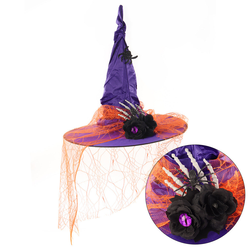 Halloween Ruffled Lace Witch Hat for Party, Costume Cosplay, Black Bone Decorated Wizard Hat - SkyeDragon Gifts