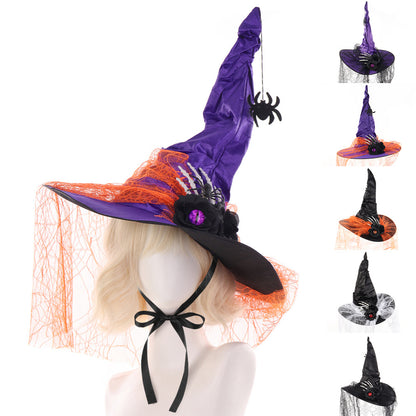 Halloween Ruffled Lace Witch Hat for Party, Costume Cosplay, Black Bone Decorated Wizard Hat - SkyeDragon Gifts