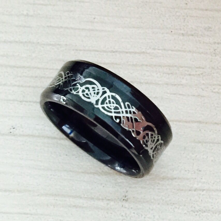 Black 316L Stainless steel Ring for Wedding Band blue Carbon Fiber Ring des Nibelungen Dragon rings for men - SkyeDragon Gifts