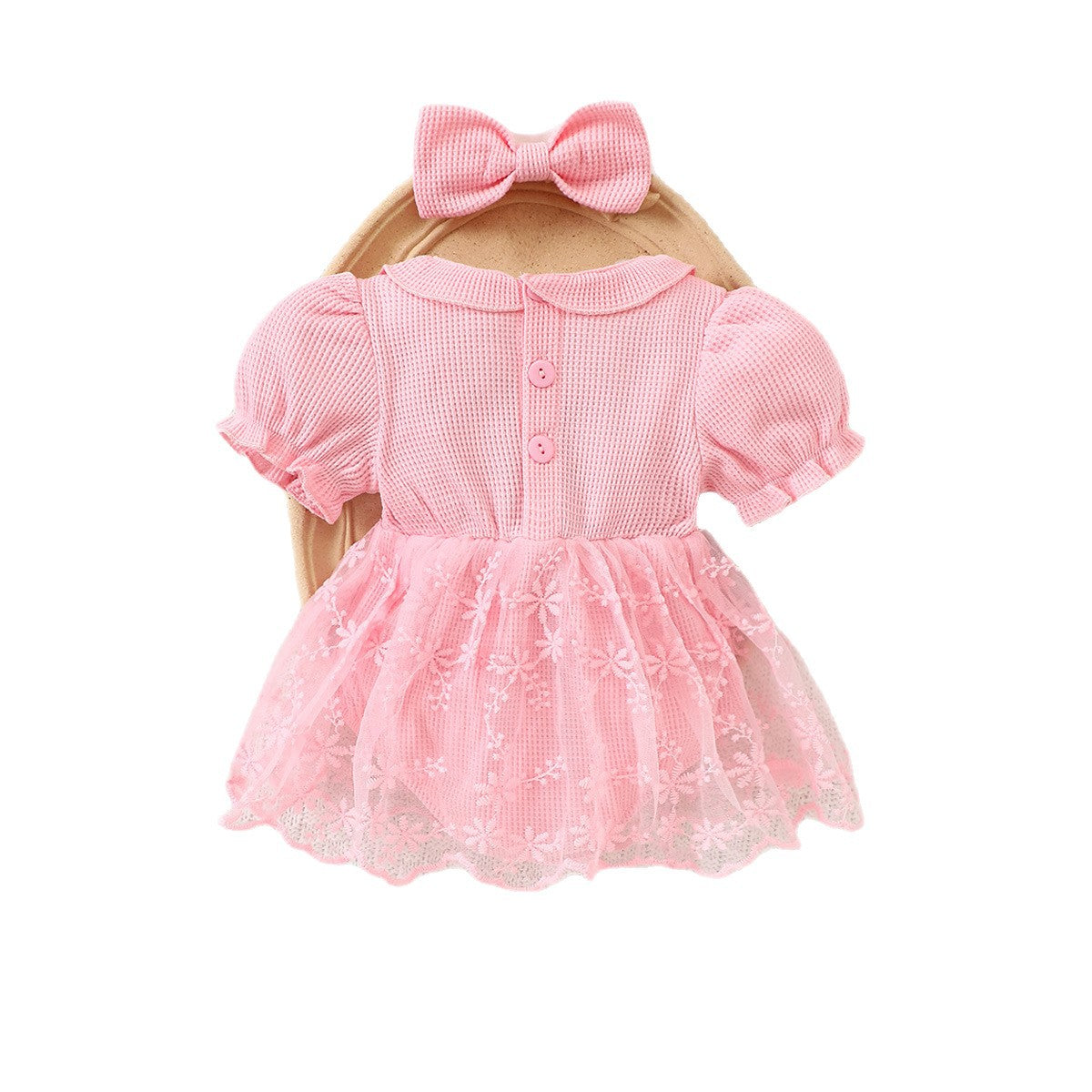 Baby Girl Waffle Knit Romper with Peter Pan Collar & Hairband – Princess One-Piece Outfit - SkyeDragon Gifts