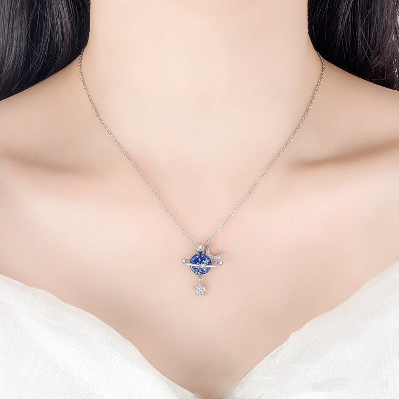 Fantasy Universe Planet Necklace with Small Design Sense Star Moon Set Zirconia Lock Bone Chain Necklace - SkyeDragon Gifts