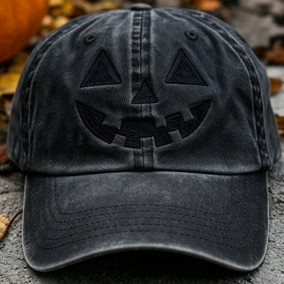 Halloween Pumpkin Smile Embroidered Baseball Cap, Washed Vintage Outdoor Sun Protection Duckbill Hat - SkyeDragon Gifts