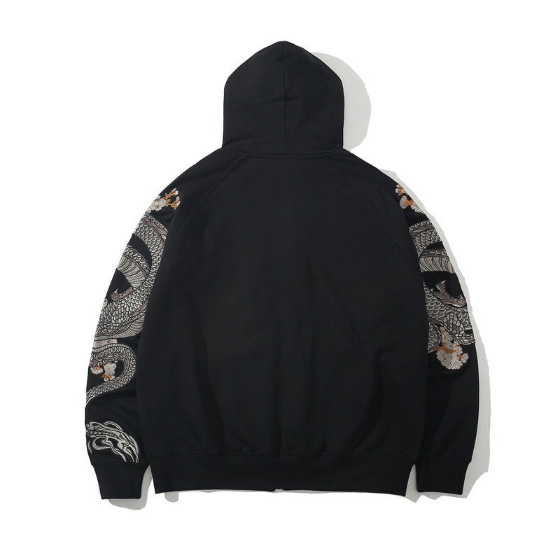 Sweatshirt men green dragon embroidered hooded top Japanese fashion versatile autumn and winter sweatshirt jacket - SkyeDragon Gifts