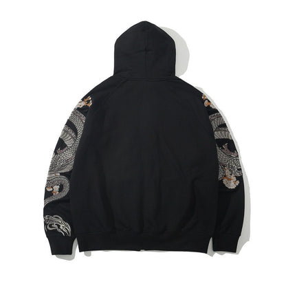 Sweatshirt men green dragon embroidered hooded top Japanese fashion versatile autumn and winter sweatshirt jacket - SkyeDragon Gifts