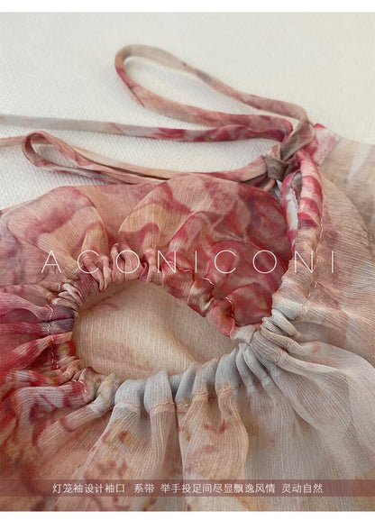 French Art Print Aesthetic Mid Dress Female Summer New Fairy Lantern Short Sleeve Premium Midriff Sakura Long Dress