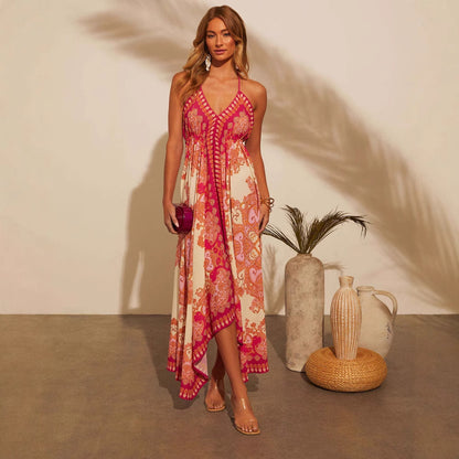 Printed fairy style long dress with elegant temperament big swing dress for women