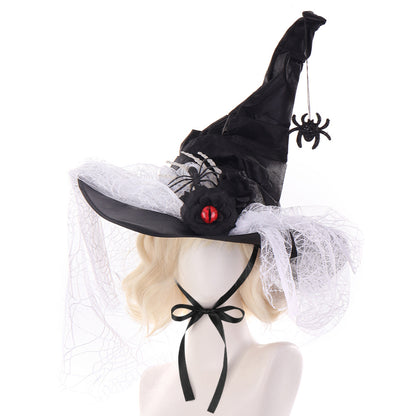 Halloween Ruffled Lace Witch Hat for Party, Costume Cosplay, Black Bone Decorated Wizard Hat - SkyeDragon Gifts