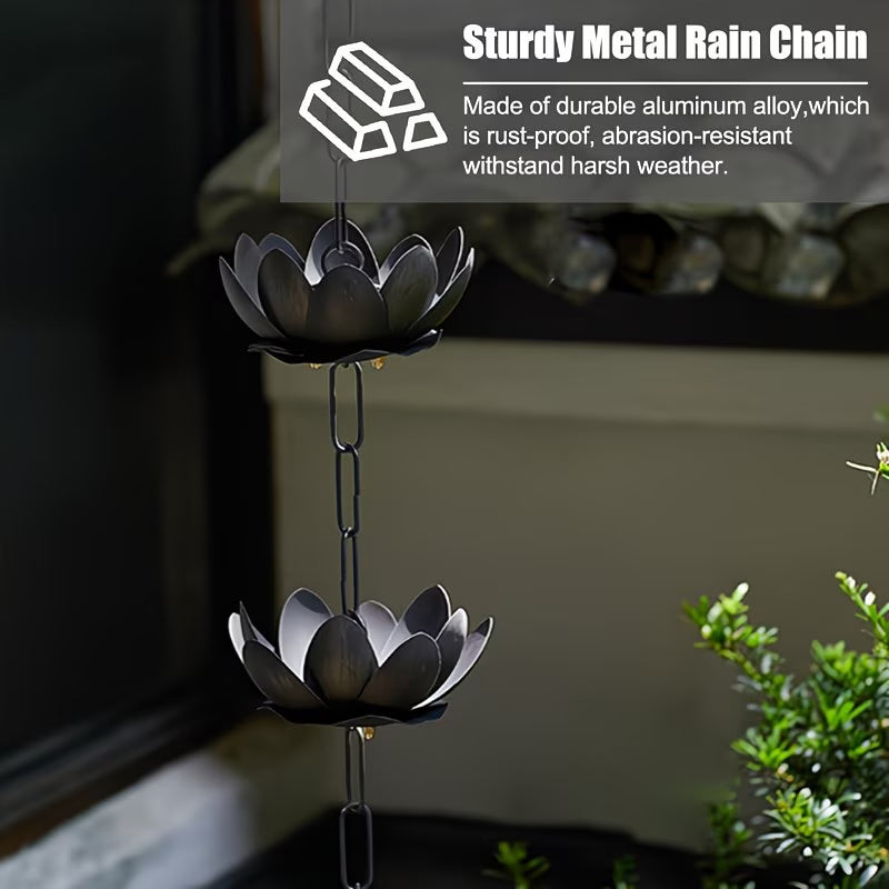 Metal Lotus Rain Chain for Gutters, 8.5ft Decorative Downspout Extension, Garden Outdoor Water Feature, Rust Resistant - SkyeDragon Gifts
