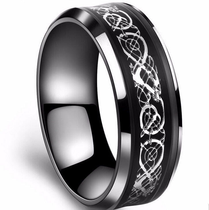 Black 316L Stainless steel Ring for Wedding Band blue Carbon Fiber Ring des Nibelungen Dragon rings for men - SkyeDragon Gifts