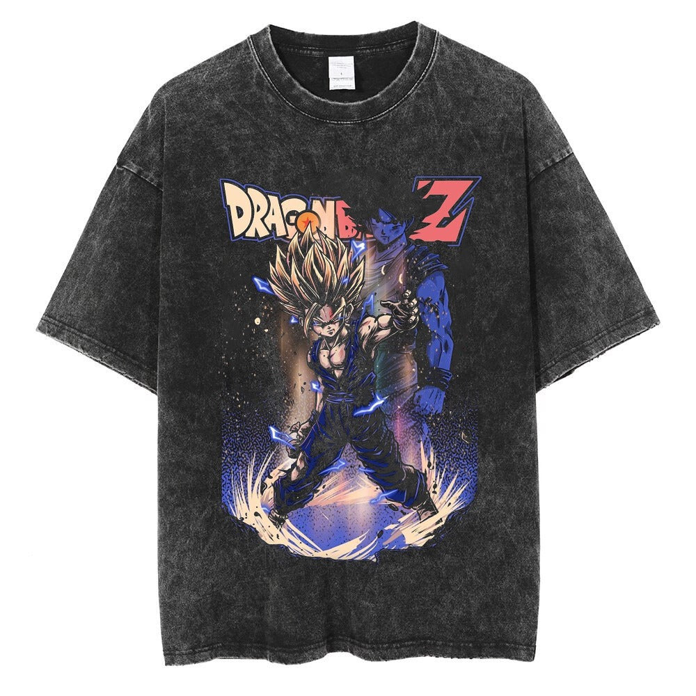 Water washed retro T-shirt street hip-hop anime dragon bead cartoon print graphic casual cotton summer short  sleeved - SkyeDragon Gifts