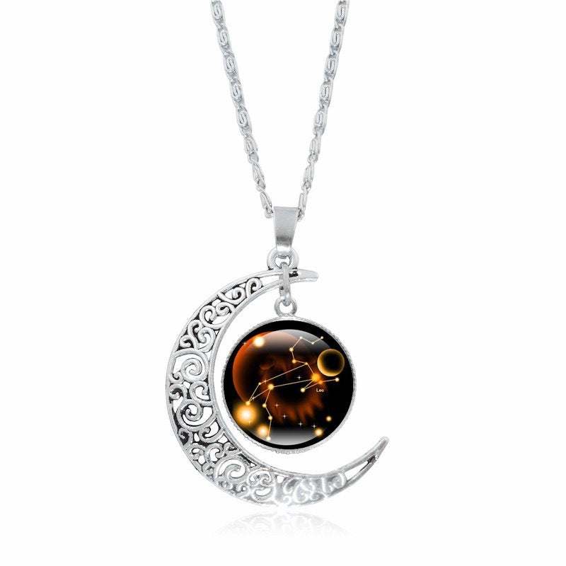 Zodiac Time Gem Luminous Necklace for Women, Simple Silver Moon Pendant Choker - SkyeDragon Gifts