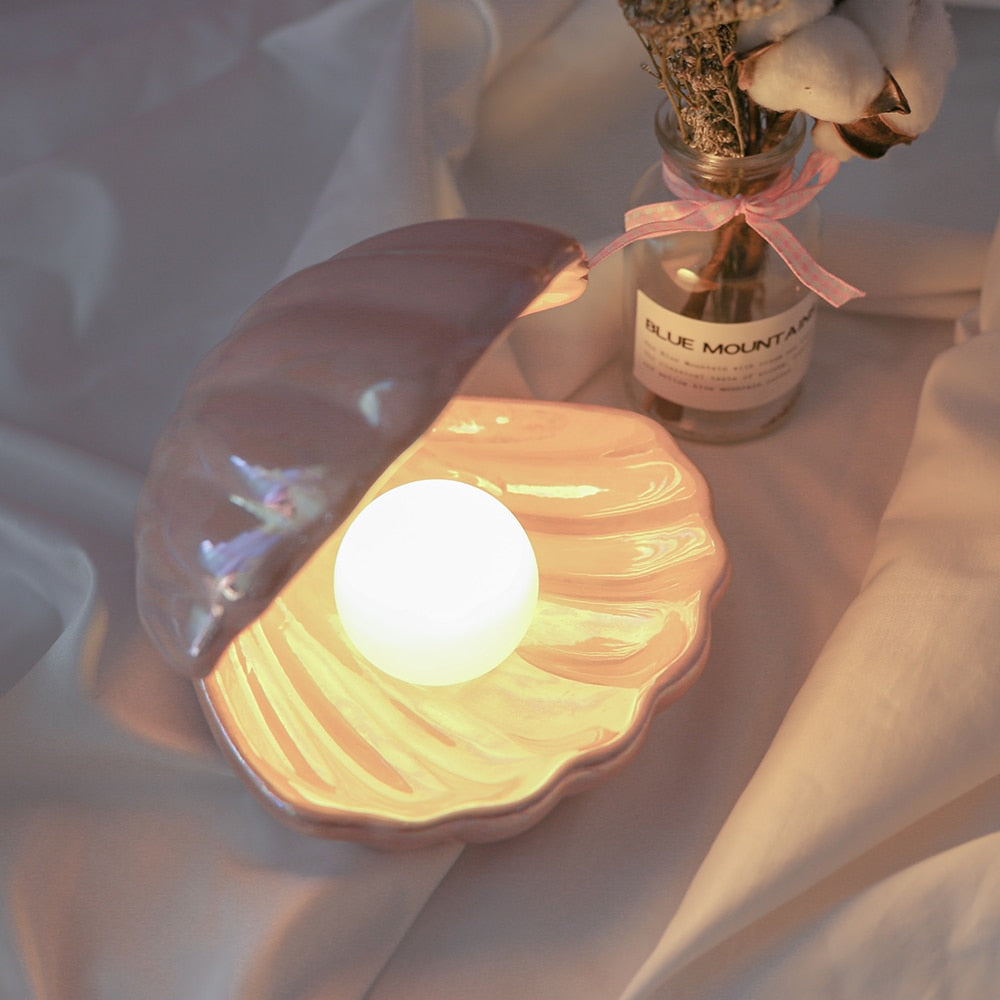 Mermaid Shell Pearl Night Light – Ceramic Bedside Lamp - SkyeDragon Gifts