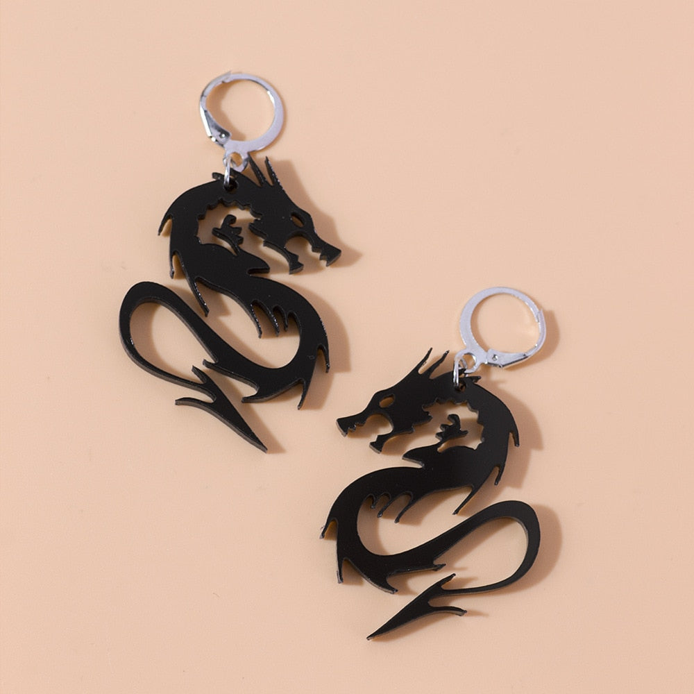Chinese Style Metal Arcylic Dragon Earrings Punk Cool Gold Silver Color Mirror Surface Animal Drop Earrings for Women Jewelry - SkyeDragon Gifts