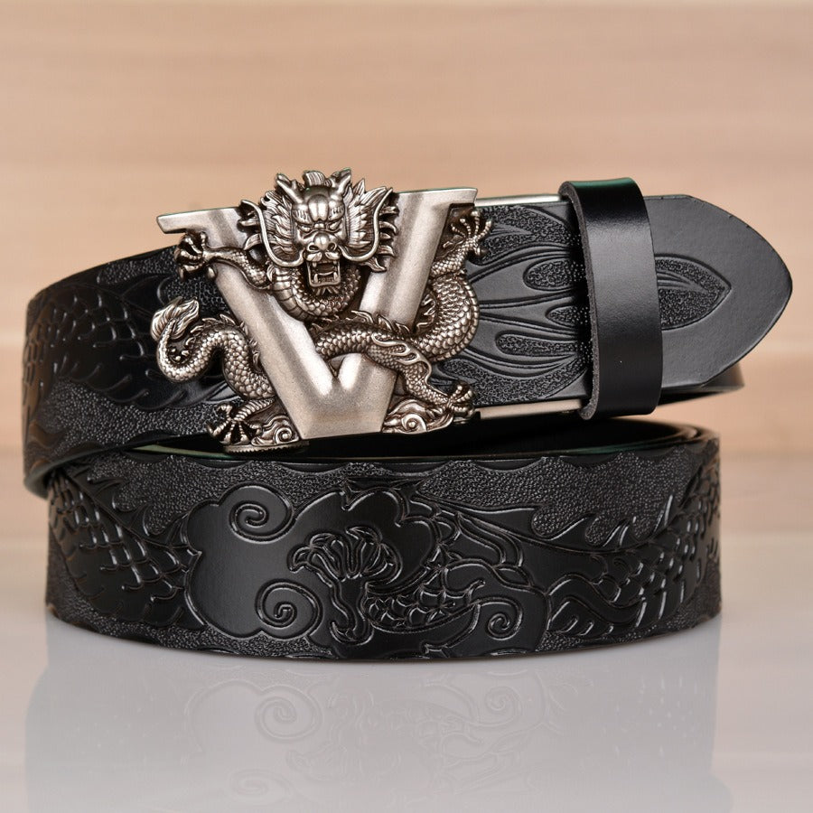 Dragon Embossed Leather Belt – Handcrafted V-Dragon Automatic Buckle - SkyeDragon Gifts