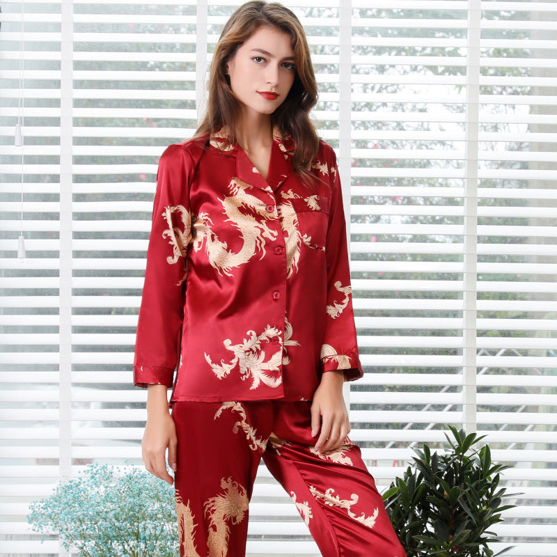 Simulated silk couple sleepwear new long sleeved set men's and women's V-neck silk printed dragon and phoenix home clothes - SkyeDragon Gifts