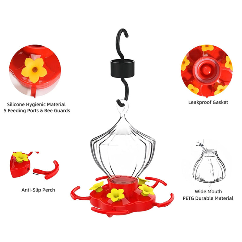 8 Oz Glass Hummingbird Feeder with Ant Moat and Bee Guards for Gardens