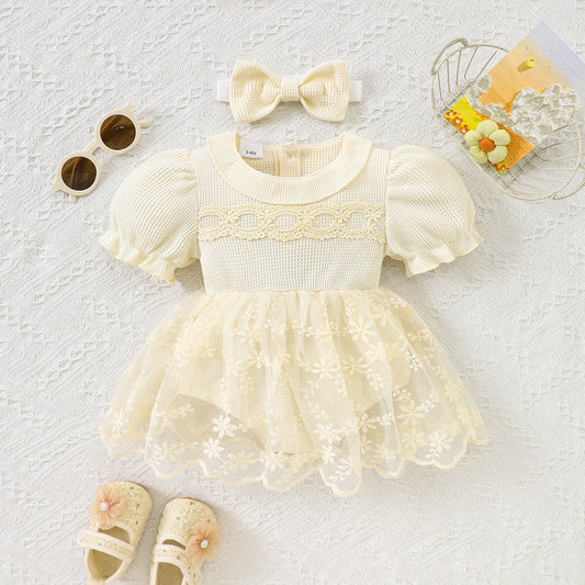 Baby Girl Waffle Knit Romper with Peter Pan Collar & Hairband – Princess One-Piece Outfit - SkyeDragon Gifts