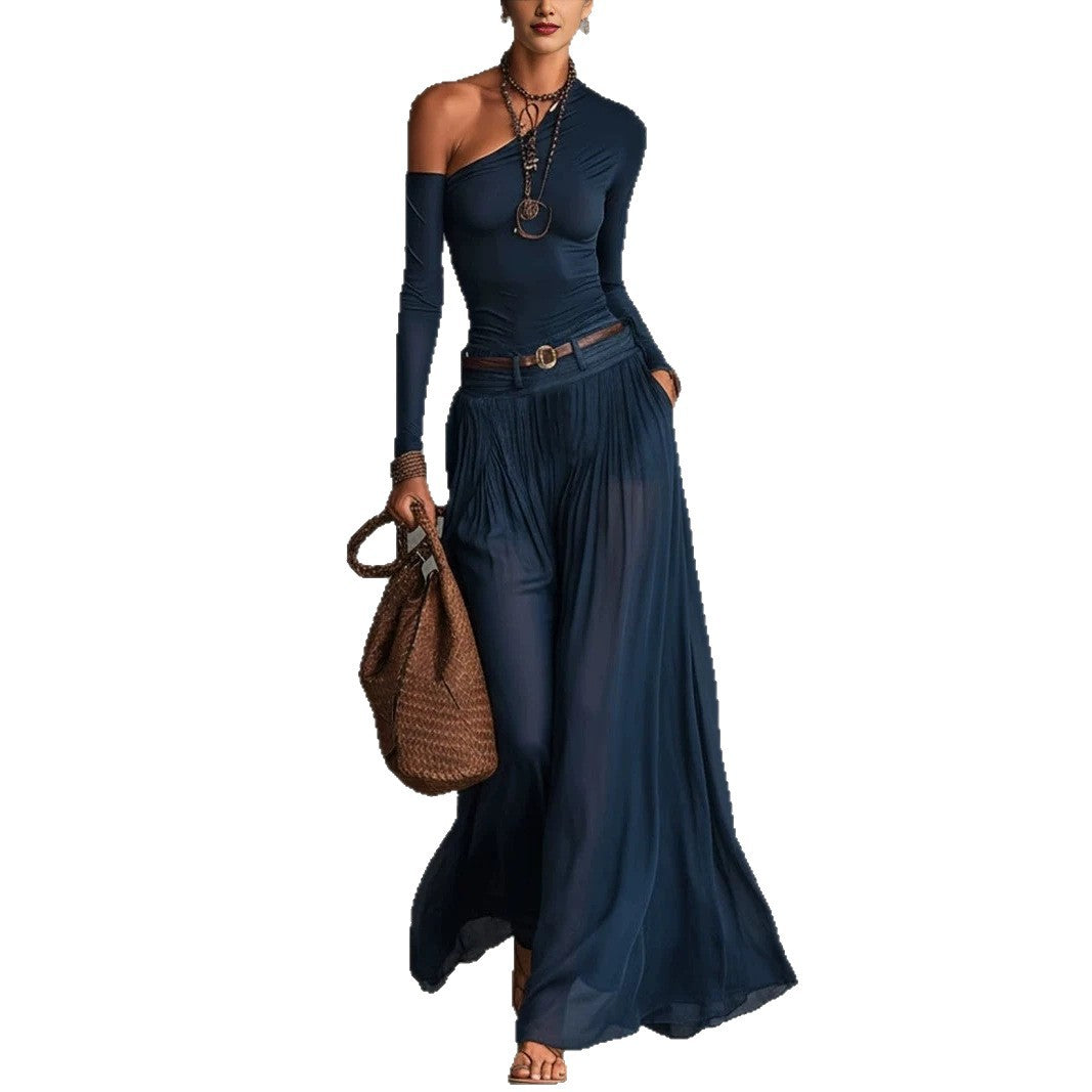 Fashionable Simple Solid Color Asymmetrical Shoulder Long Sleeve Casual Set with Belted Long Dress - SkyeDragon Gifts