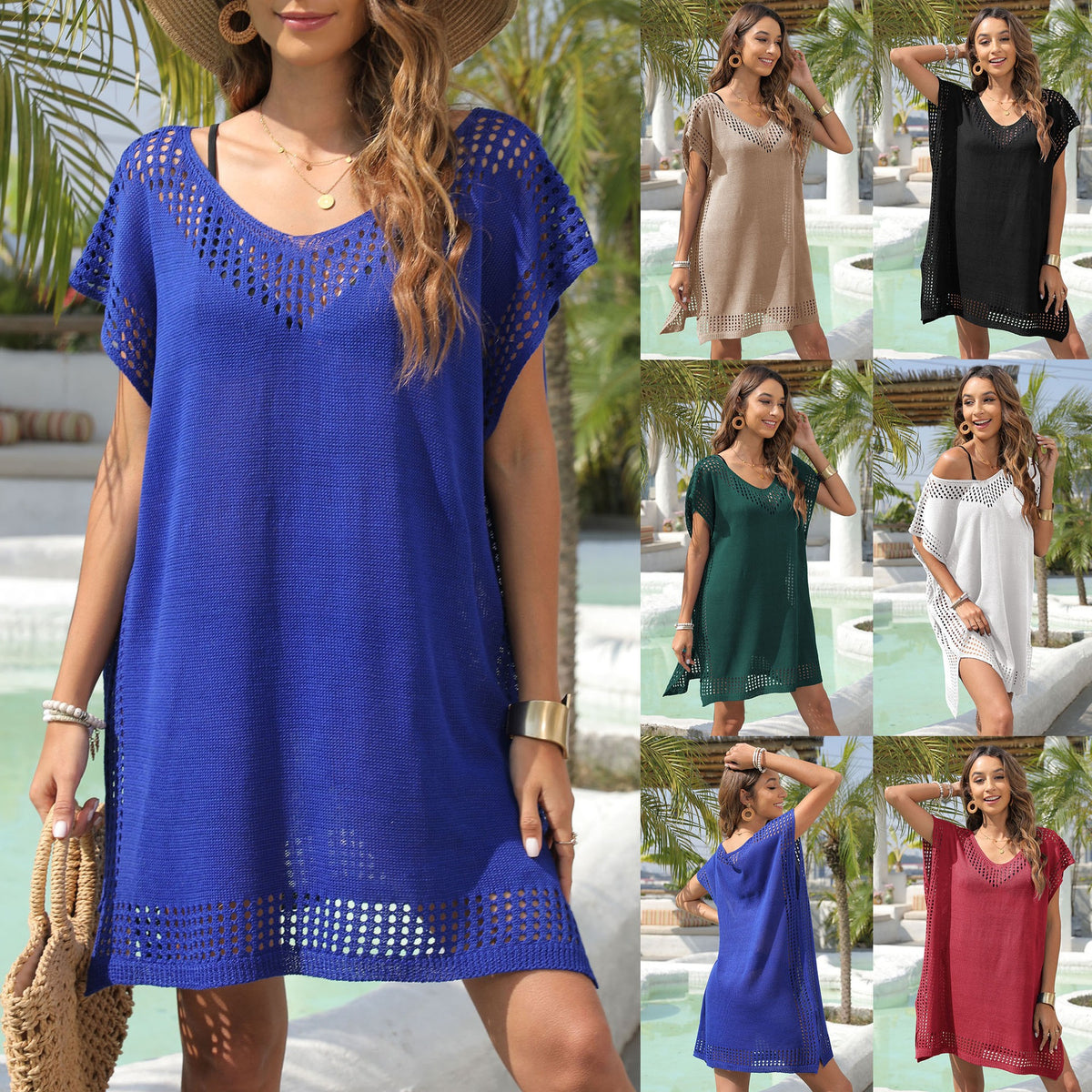 Cover Up V-Neck Hollowed Out Patchwork Loose European And American Women's Dress, Seaside Vacation Super Fairy Beach Skirt