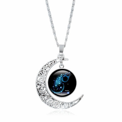 Zodiac Time Gem Luminous Necklace for Women, Simple Silver Moon Pendant Choker - SkyeDragon Gifts