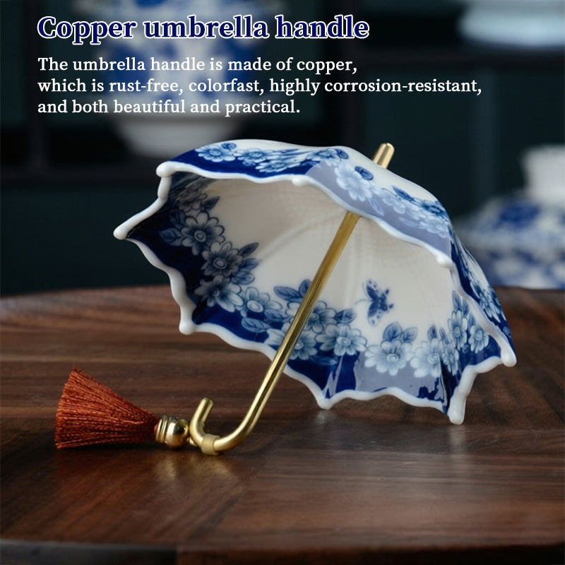 Blue & White Porcelain Umbrella Tea Strainer with Tassel – Chinese Style Ceramic Tea Filter - SkyeDragon Gifts