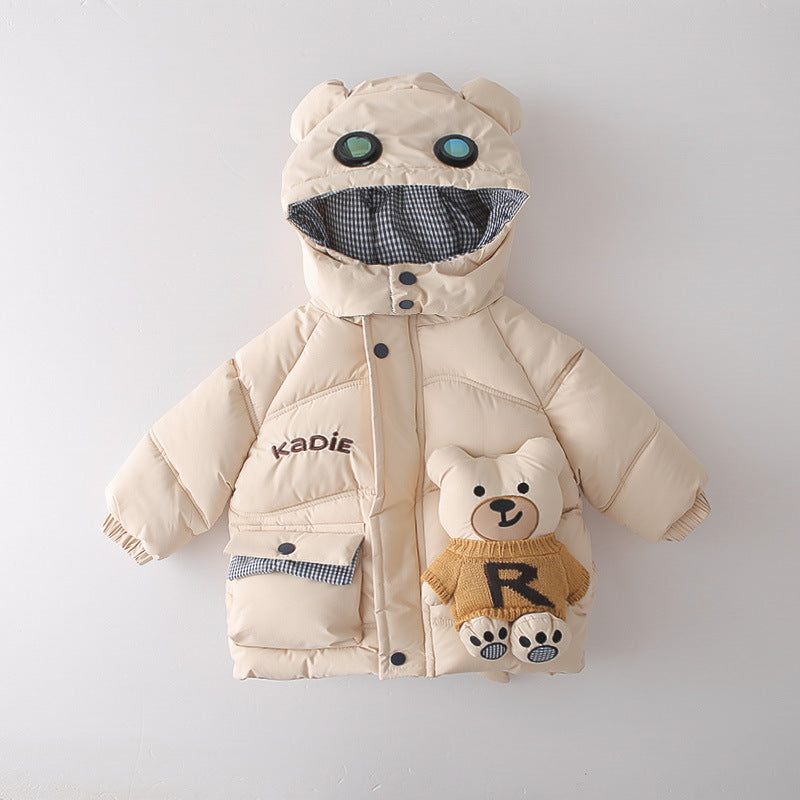 Boys Winter Warm Fleece-Lined 3-Piece Set Bear Pattern Cotton Padded Jacket Outfits Toddler Clothes