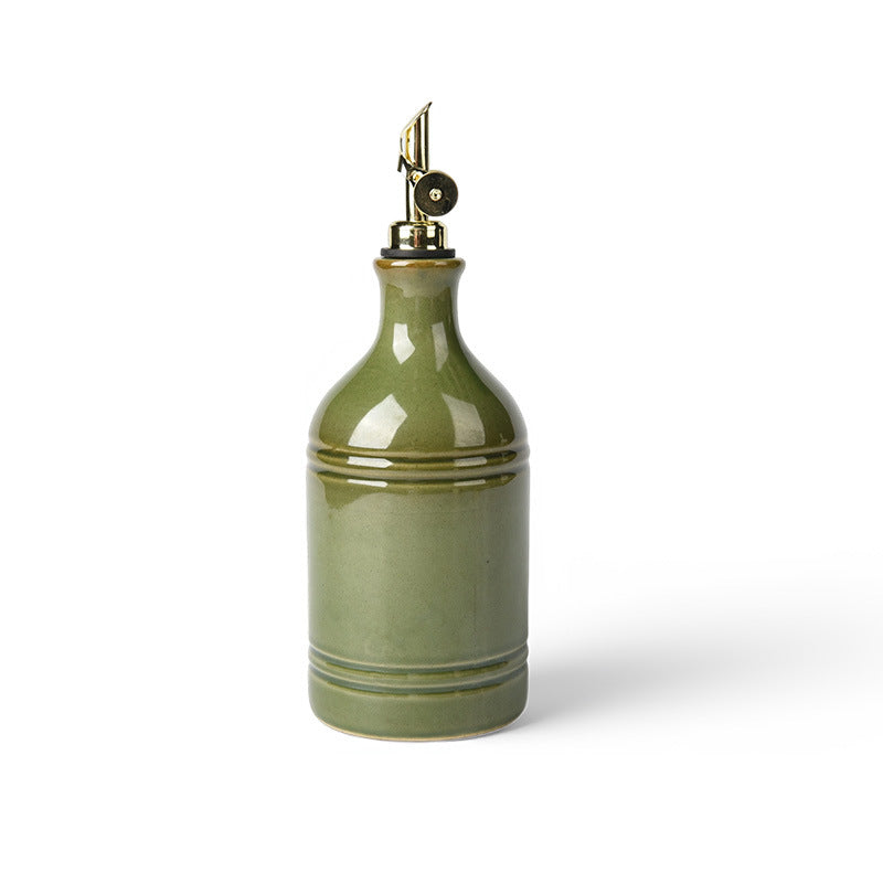European Retro Green Ceramic Olive Oil Bottle with Stainless Steel Spout – Vintage Kitchen Storage & Seasoning Dispenser - SkyeDragon Gifts