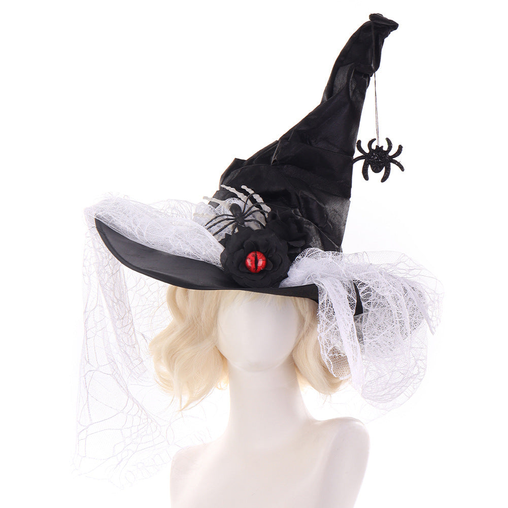 Halloween Ruffled Lace Witch Hat for Party, Costume Cosplay, Black Bone Decorated Wizard Hat - SkyeDragon Gifts