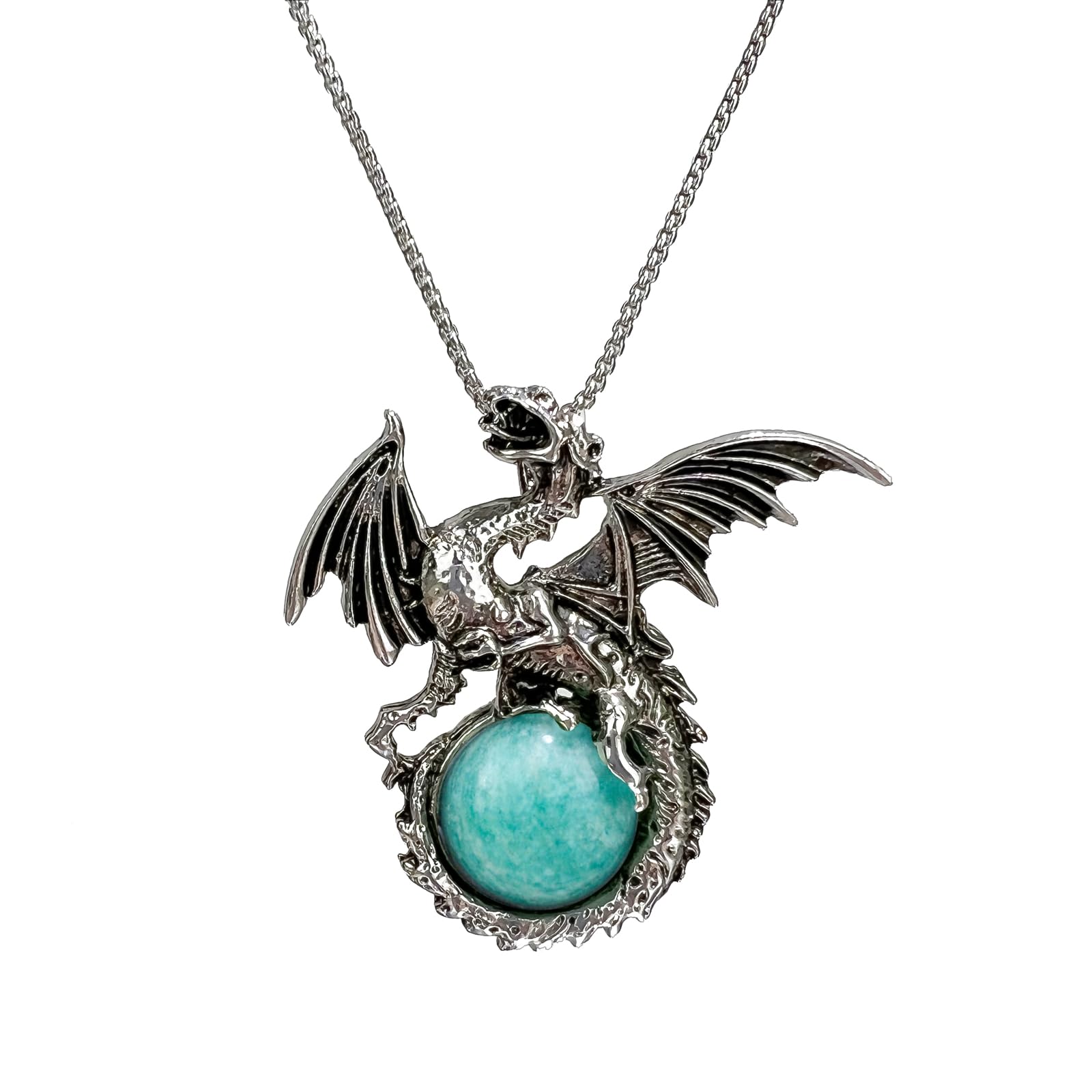 LDADAN Dragon Necklace for Men Women Unique Necklace Crystal Necklace Natural Gemstone Necklace Dragon Jewelry Dinosaur Necklace Silver Dragon Pendant Necklace for Gifts (Amazonite) - SkyeDragon Gifts