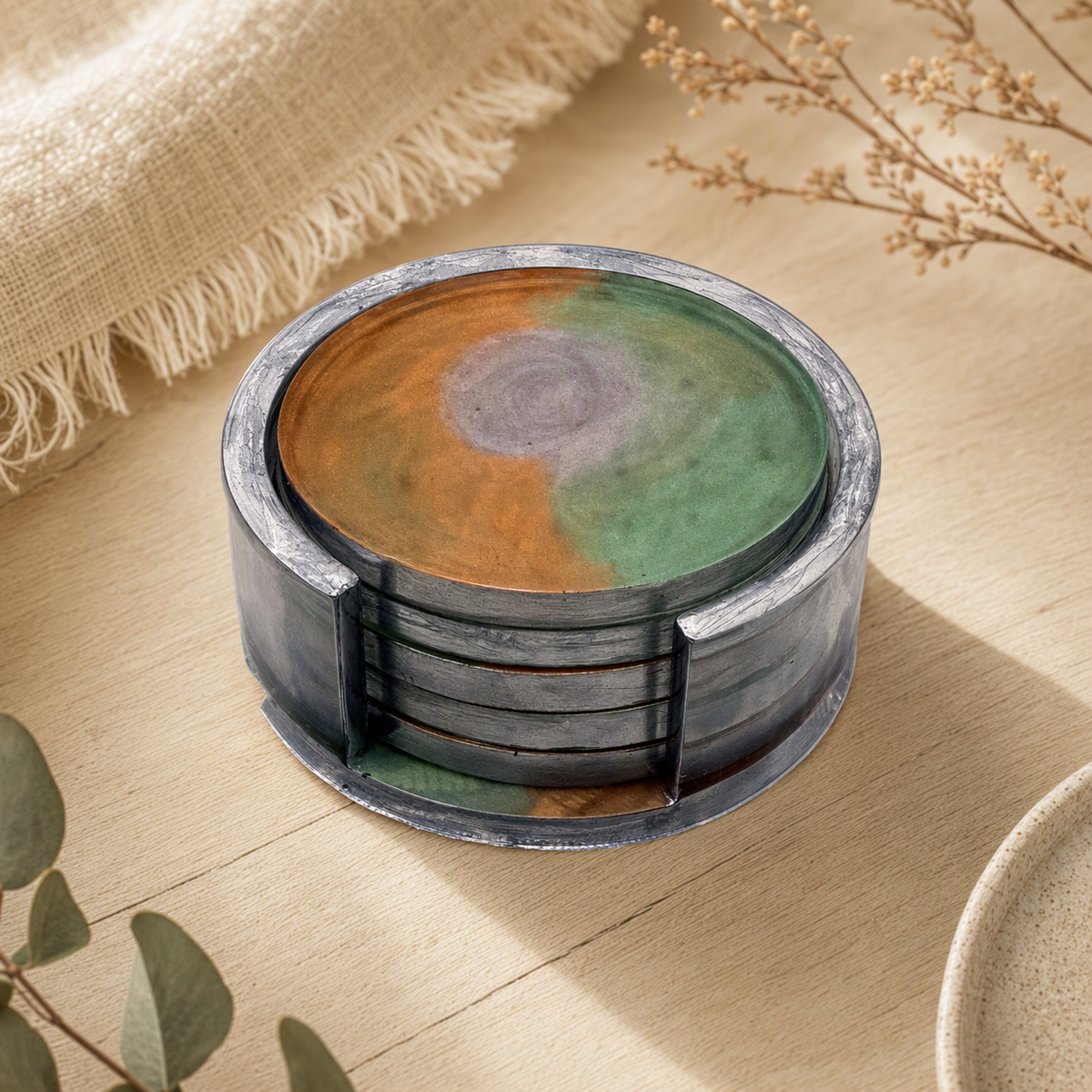 Handmade Round Resin Coaster Set with Holder, 5 Coasters