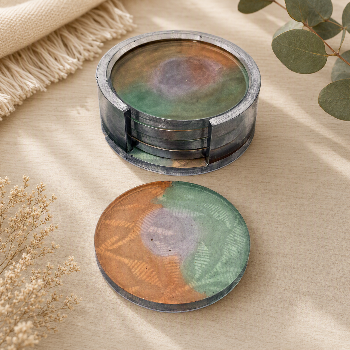 Handmade Round Resin Coaster Set with Holder, 5 Coasters