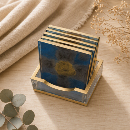 Handmade Square Resin Coaster Set with Holder, 5 Coasters