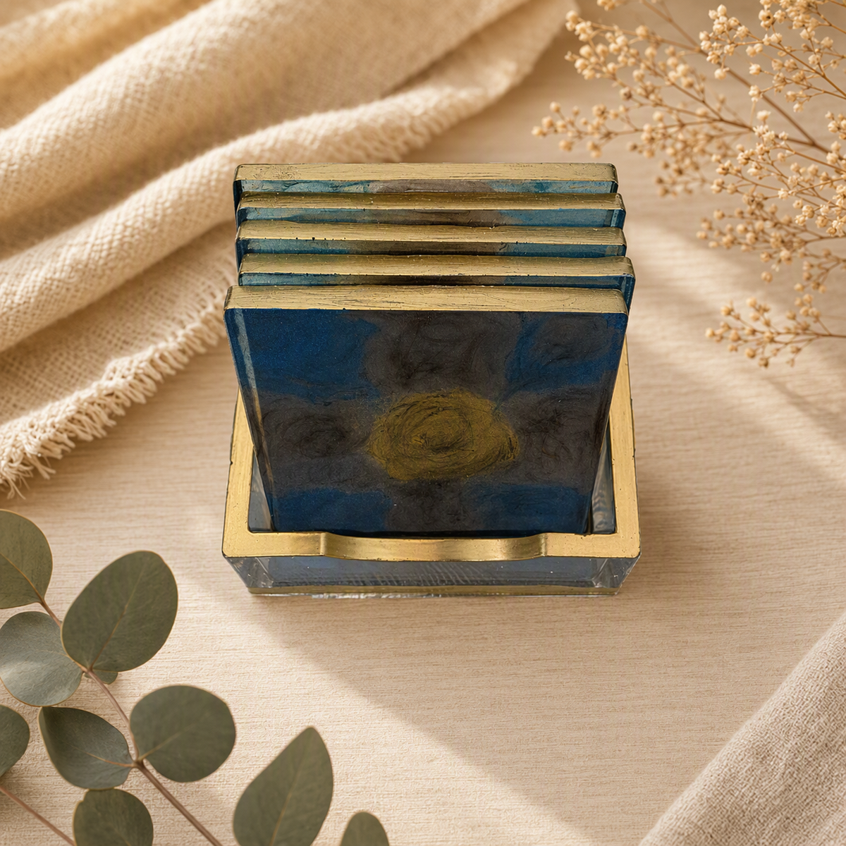 Handmade Square Resin Coaster Set with Holder, 5 Coasters