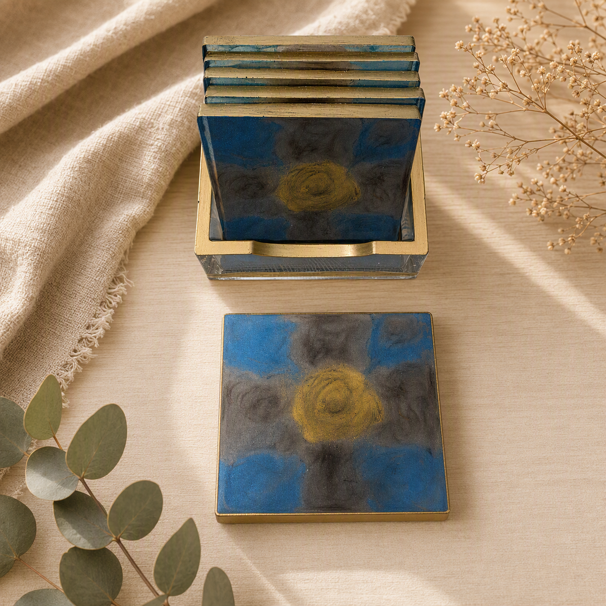 Handmade Square Resin Coaster Set with Holder, 5 Coasters